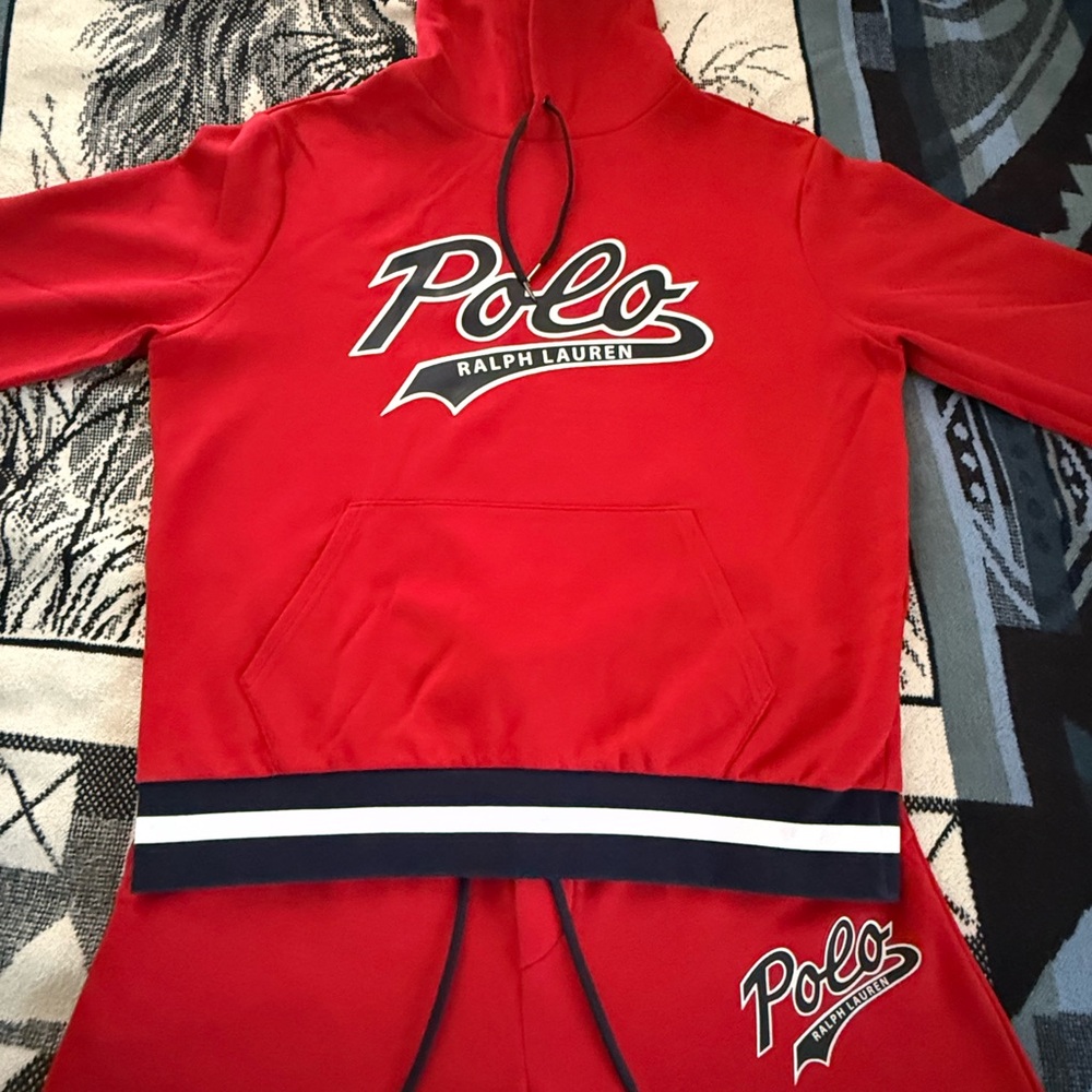 Polo Ralph Lauren Double Knit Cursive Script Logo Red/Black Hoodie & Joggers Set